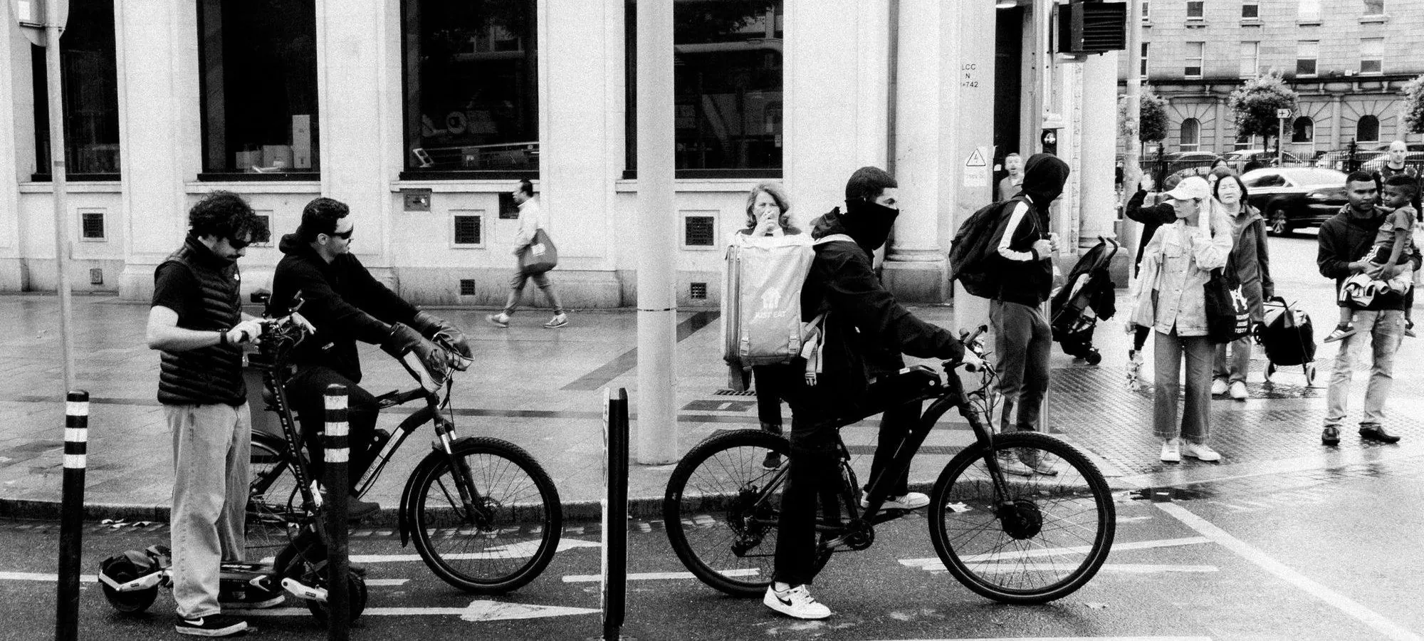 Urban cyclist wearing a backpack